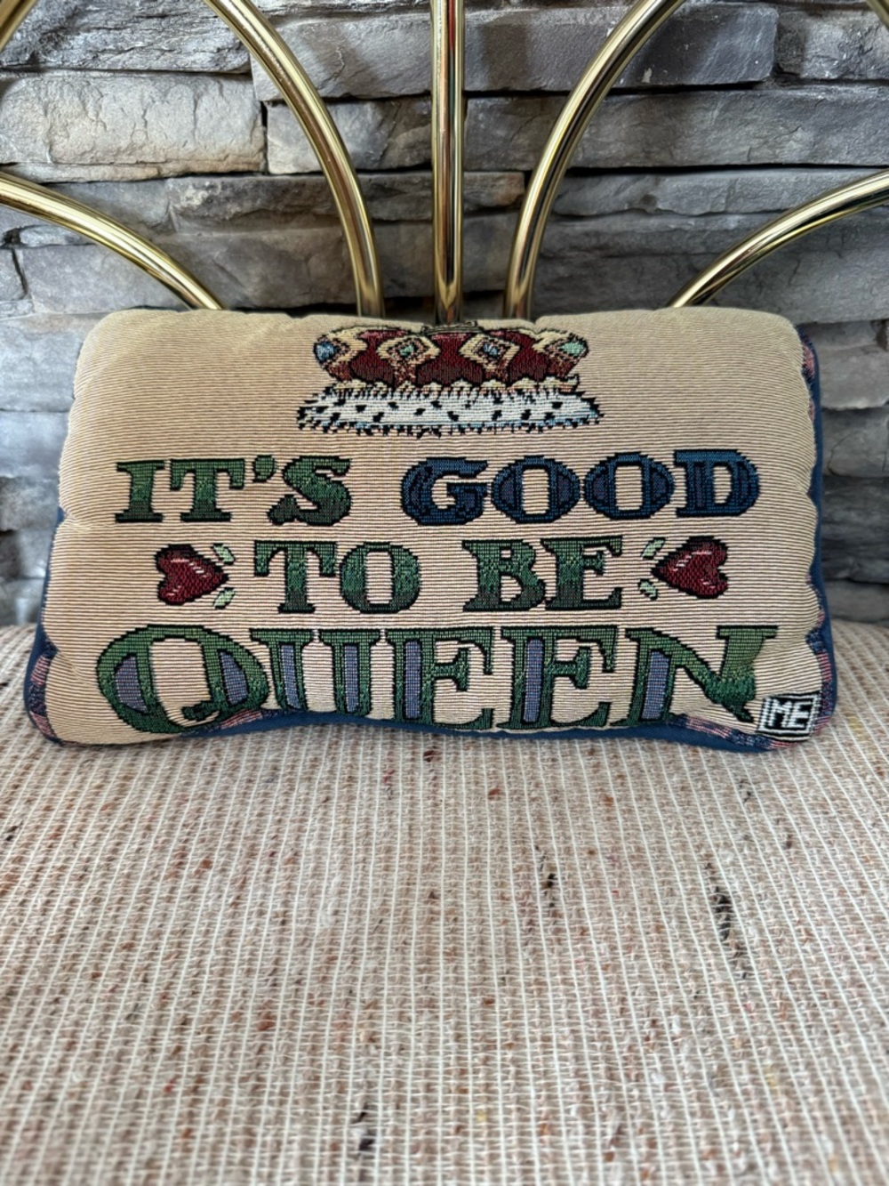 Vintage Embroidered 'It's Good To Be Queen' Decorative Pillow